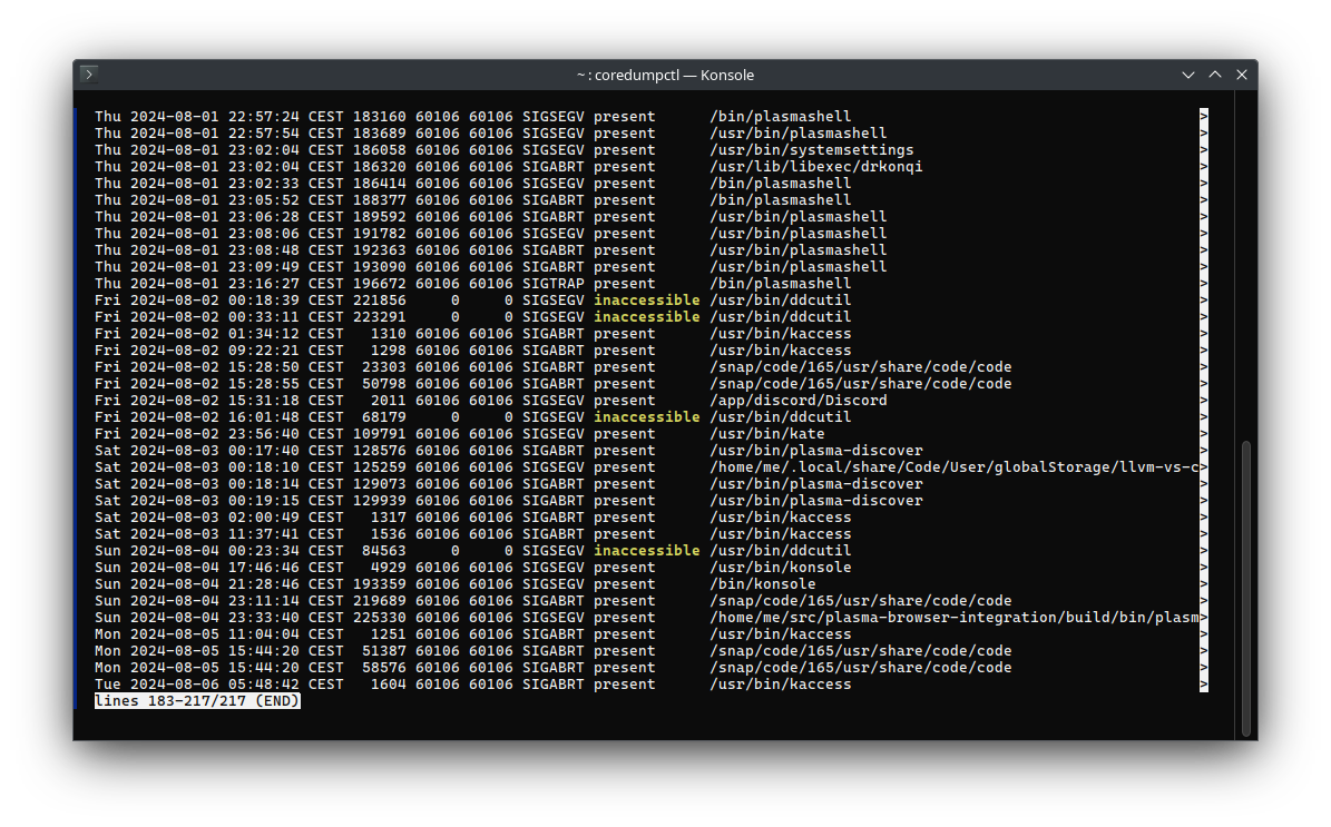 coredumpctl screenshot