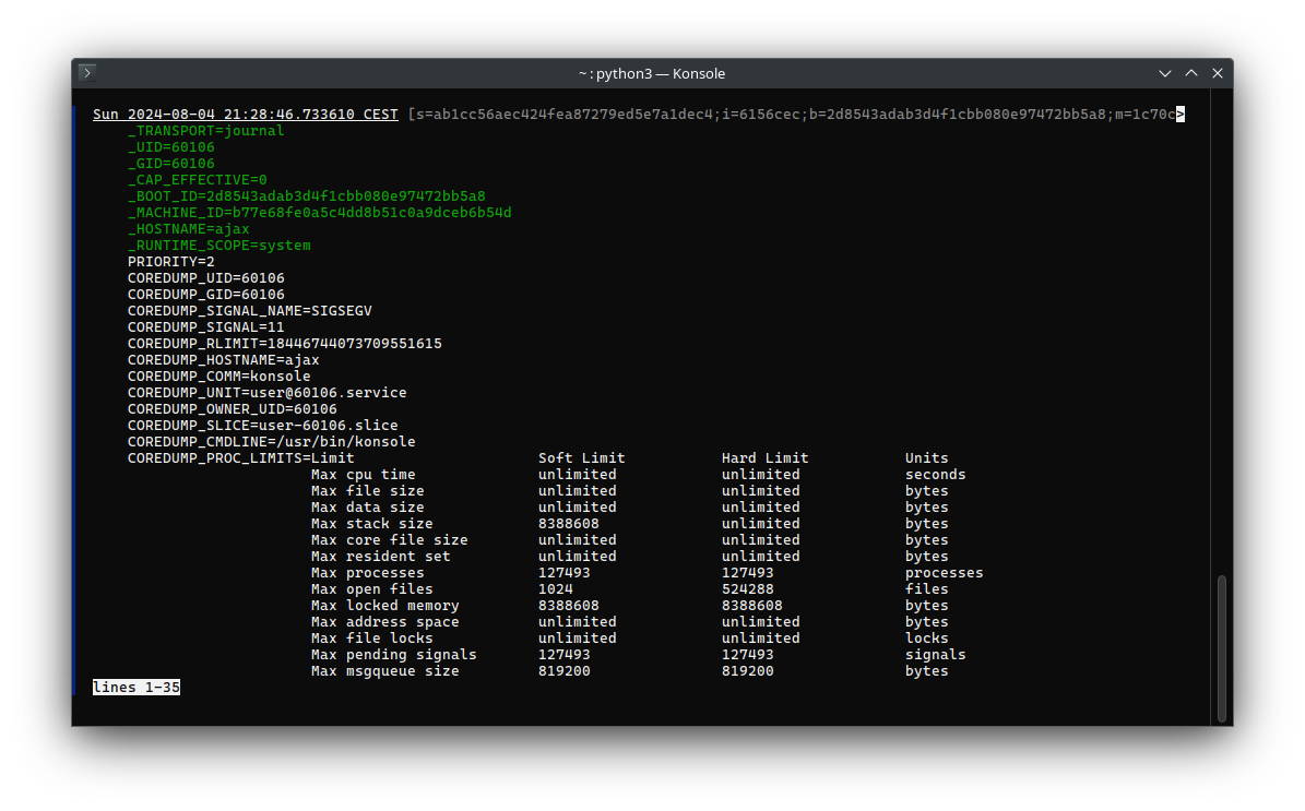 journalctl -o verbose of a crash